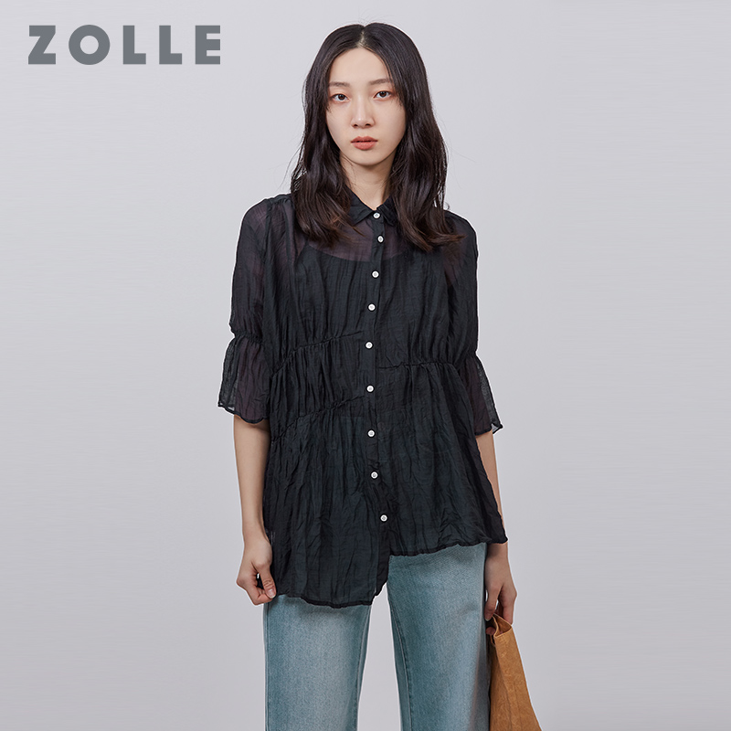短袖衬衣 ZOLLE因为夏季新款简约纯色短袖衬衫不规则气质喇叭袖女上衣_推荐淘宝好看的女短袖衬衣