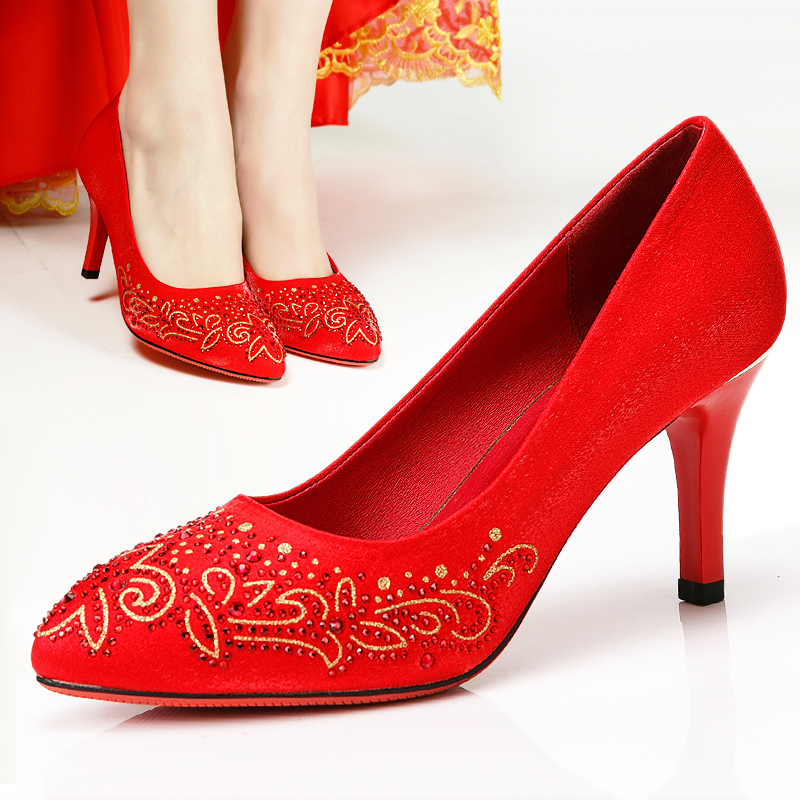 红色高跟鞋 2022新款红色高跟婚鞋女士细跟中式新娘水钻结婚百搭秀禾伴娘单鞋_推荐淘宝好看的红色高跟鞋