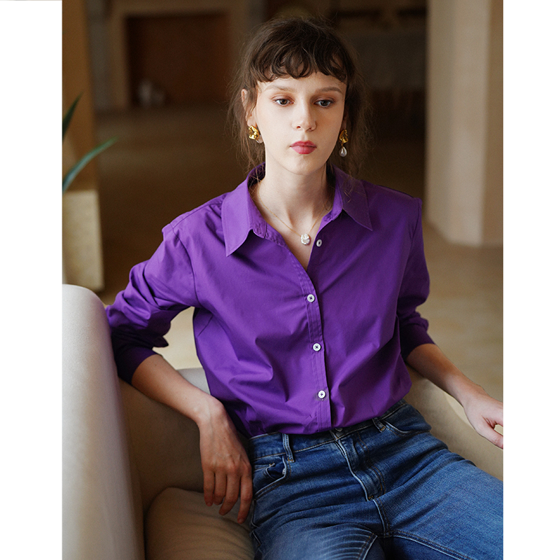 紫色衬衫 徐莫西 法式风复古紫色棉宽松长袖衬衫女夏新款文艺简约韩版上衣_推荐淘宝好看的紫色衬衫