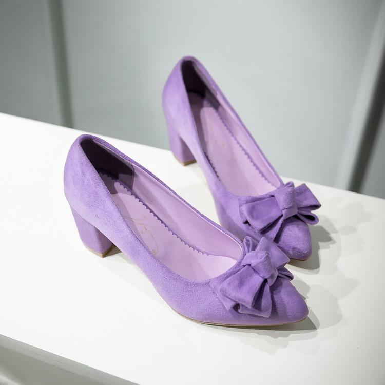 紫色单鞋 2016春季6CM中跟粗跟小尖头蝴蝶结紫色单鞋粉色蝴蝶结女鞋子绒面_推荐淘宝好看的紫色单鞋