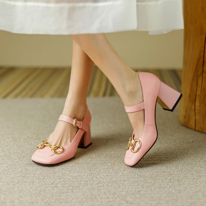 粉红色单鞋 粉红色高跟鞋女2022年新款夏款玛丽珍小皮鞋粗跟女鞋真皮单鞋 CZ_推荐淘宝好看的粉红色单鞋