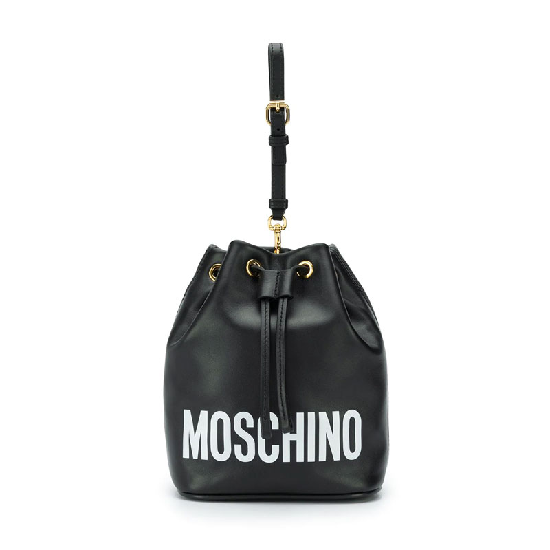 黑色水桶包 Moschino莫斯奇诺女士黑色logo印花抽绳系带水桶包A84068001_推荐淘宝好看的黑色水桶包