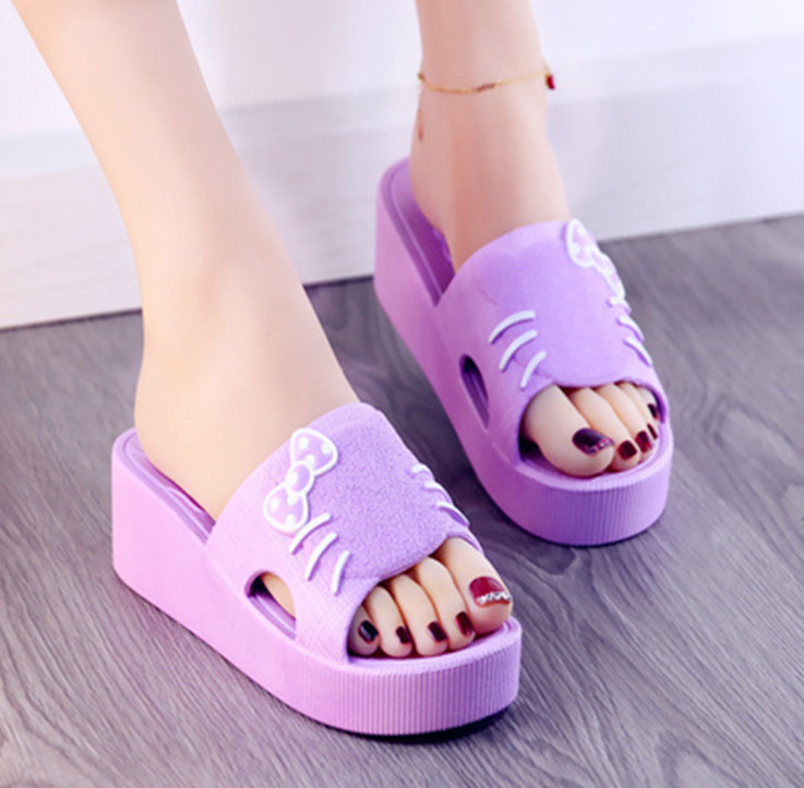 紫色坡跟鞋 夏天厚底防滑松糕跟增高可爱小猫女士家居紫色凉拖鞋高跟女坡跟拖_推荐淘宝好看的紫色坡跟鞋