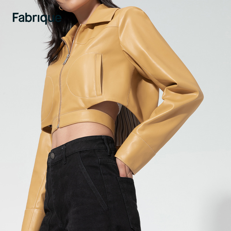 黄色皮衣 Fabrique 黄色短款分离底摆腰带设计环保皮革夹克Fyn Moto_推荐淘宝好看的黄色皮衣