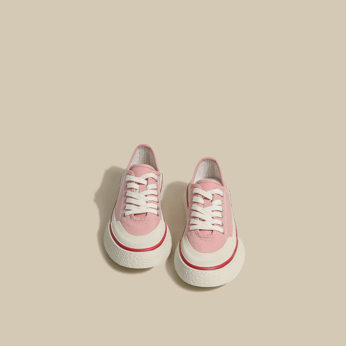 粉红色松糕鞋 粉红色运动帆布鞋女2022年夏季纯色圆头松糕厚底系带休闲低帮单鞋_推荐淘宝好看的粉红色松糕鞋