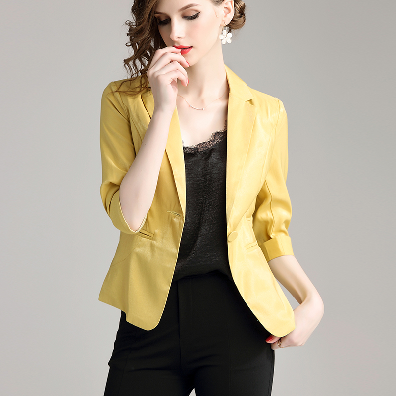 黄色小西装 2022春季新款女士西服外套薄款黄色七分袖流行时尚修身显瘦小西装_推荐淘宝好看的黄色小西装