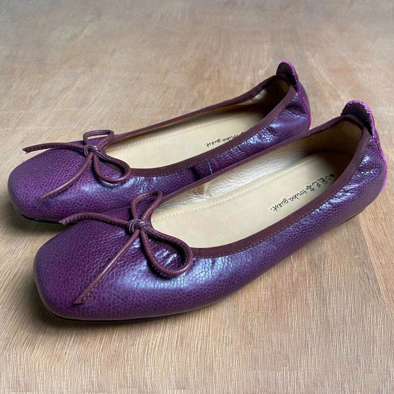 紫色单鞋 葡萄紫色芭蕾单鞋女平底2022年春新款不累脚软底皮鞋复古真皮女鞋_推荐淘宝好看的紫色单鞋