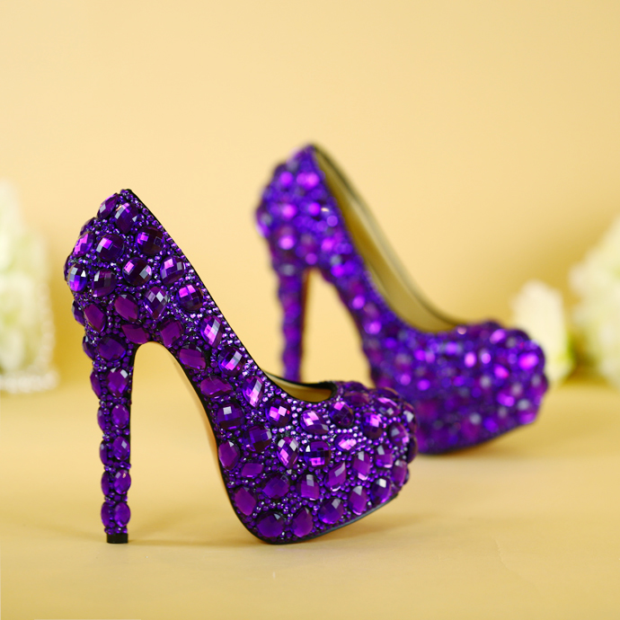紫色高跟鞋 高跟鞋紫色水钻镶钻手工水晶鞋新娘结婚鞋大码晚礼服成人礼鞋婚纱_推荐淘宝好看的紫色高跟鞋