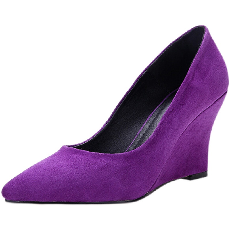 紫色坡跟鞋 浅口坡跟高跟鞋紫色简约气质磨砂真皮黑色工作单鞋女秋2022年新款_推荐淘宝好看的紫色坡跟鞋