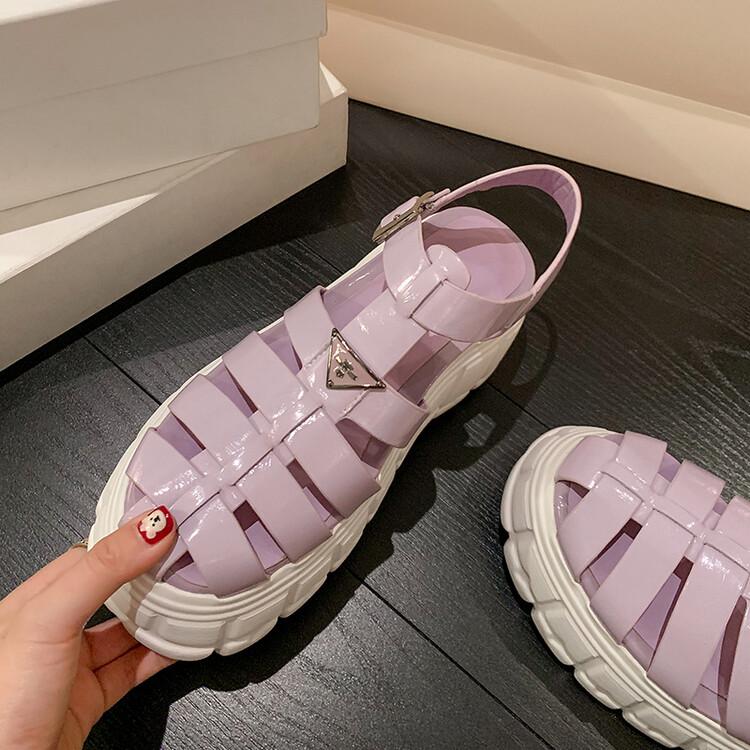 紫色罗马鞋 夏季紫色松糕凉鞋女2022年新款真皮厚底三角标镂空编织包头罗马鞋_推荐淘宝好看的紫色罗马鞋