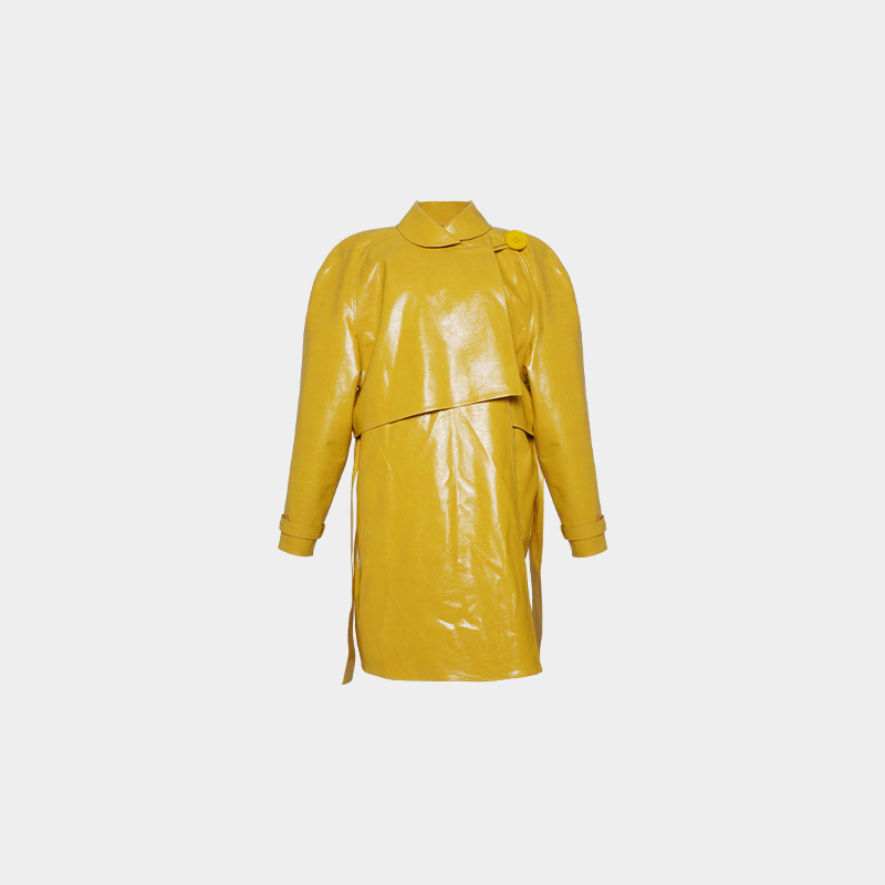 黄色风衣 SUPERR  复古落肩设计姜黄色仿油蜡皮中长款及膝风衣外套_推荐淘宝好看的黄色风衣