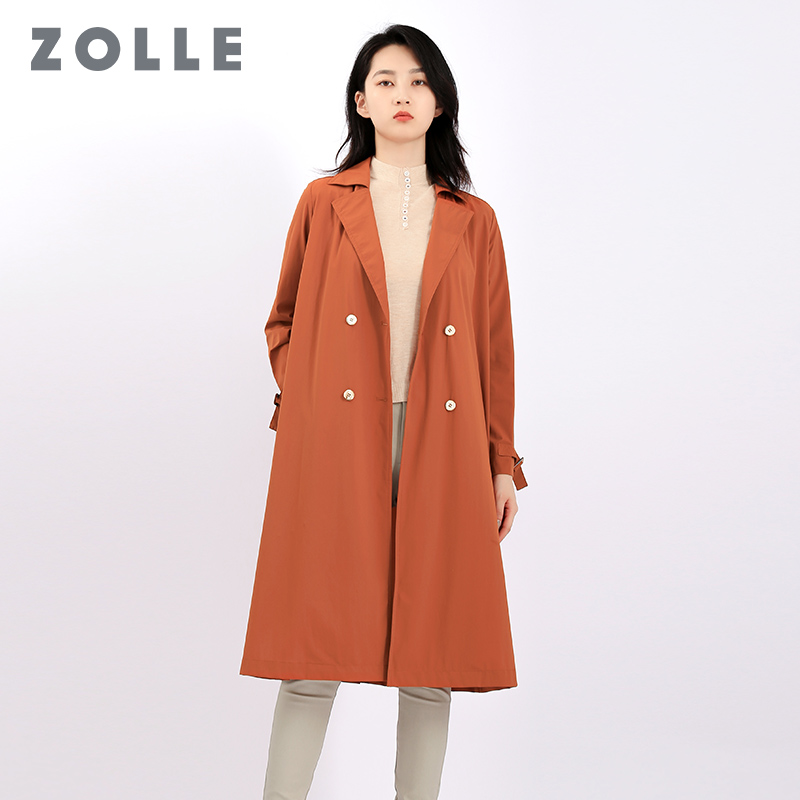 长款风衣 ZOLLE因为秋季新款纯色百搭女风衣双排扣显瘦中长款外套简约上衣_推荐淘宝好看的女长款风衣