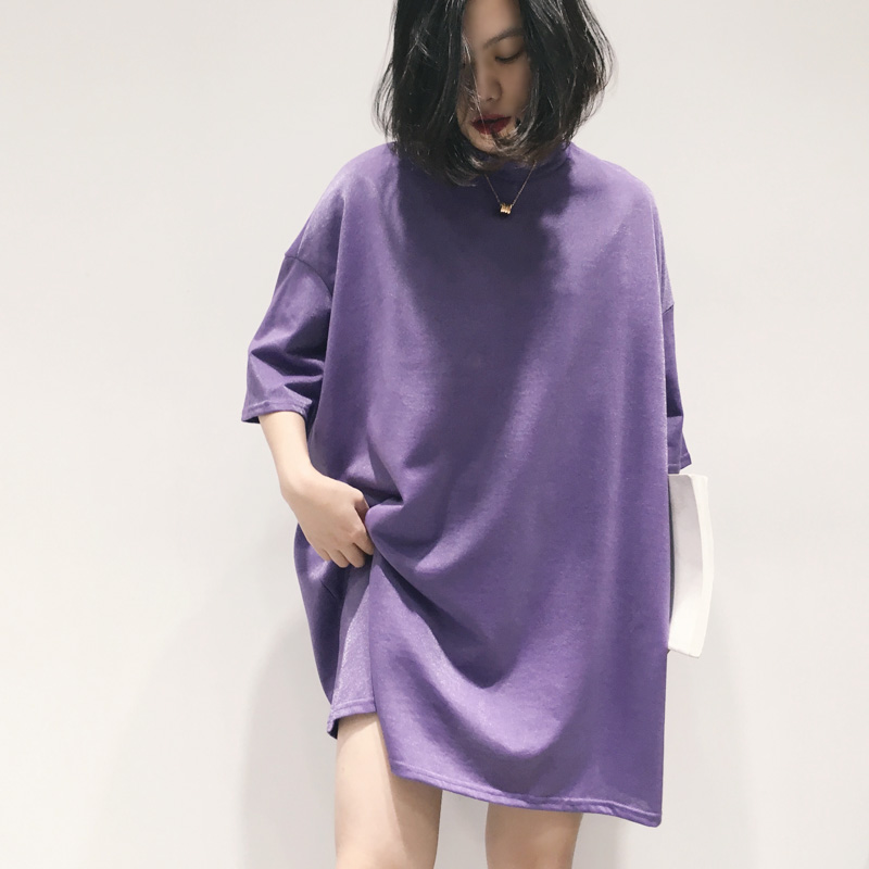 紫色T恤 2022春夏新款韩版chic网红风bling闪丝宽松女装短袖大T恤紫色上衣_推荐淘宝好看的紫色T恤