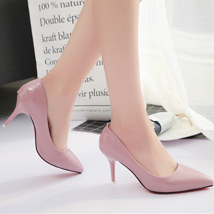 粉红色单鞋 女士高跟鞋细跟7公分尖头浅口粉红色婚鞋工作鞋显瘦尖头单鞋皮鞋_推荐淘宝好看的粉红色单鞋