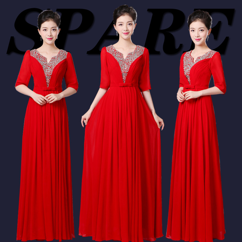 红色服装 合唱服长裙演出服女中老年大合唱舞台服装现代表演服迎宾
