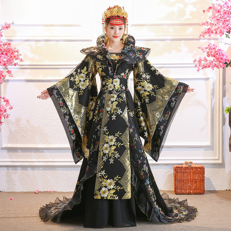 黑色服装 古装贵妃演出服cos黑色仙女公主皇后拖尾大码定制古代服装