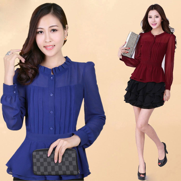 2014春装新款女雪纺衫加大码纯色纽扣雪纺衬衫长袖女装蕾丝衫小衫