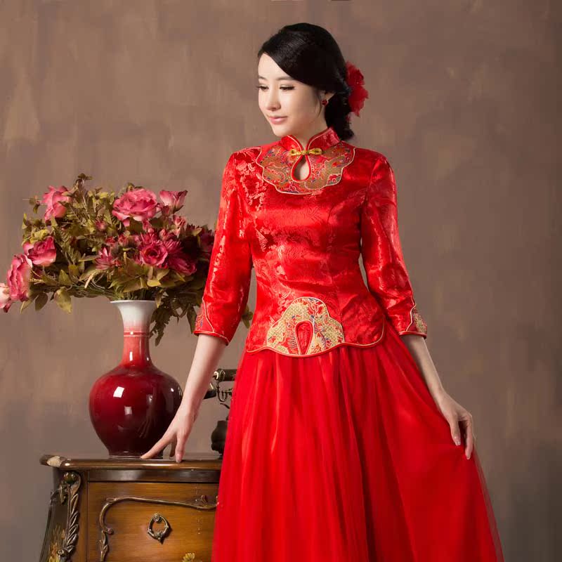 中式礼服 秋装中式复古改良新娘旗袍裙长款结婚敬酒服礼服时尚修身七