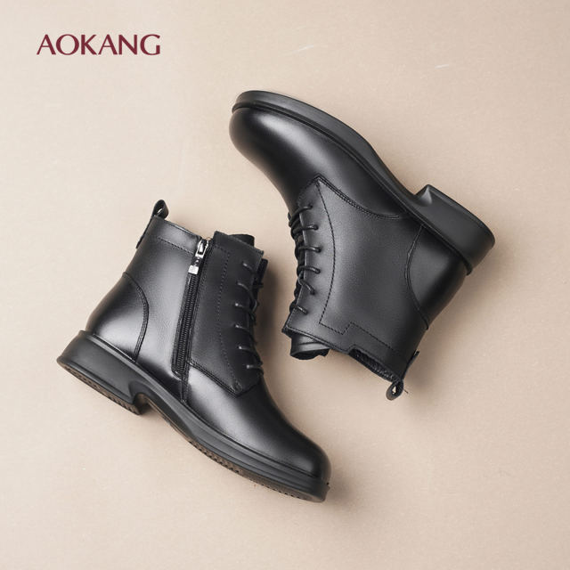Aokang Women's Shoes Autumn and Winter Warm Women's Boots Thick Soled British Style Martin Boots Genuine Leather and Velvet Thickened Short Boots L Aokang Women's Shoes Autumn and Winter Warm Women's Boots Thick Soled British Style Martin Boots Genuine Leather and Velvet Thickened Short Boots L