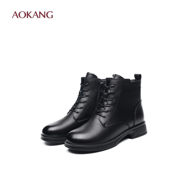 Aokang Women's Shoes Autumn and Winter Warm Women's Boots Thick Soled British Style Martin Boots Genuine Leather and Velvet Thickened Short Boots L Aokang Women's Shoes Autumn and Winter Warm Women's Boots Thick Soled British Style Martin Boots Genuine Leather and Velvet Thickened Short Boots L