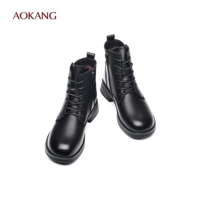 Aokang Women's Shoes Autumn and Winter Warm Women's Boots Thick Soled British Style Martin Boots Genuine Leather and Velvet Thickened Short Boots L Aokang Women's Shoes Autumn and Winter Warm Women's Boots Thick Soled British Style Martin Boots Genuine Leather and Velvet Thickened Short Boots L