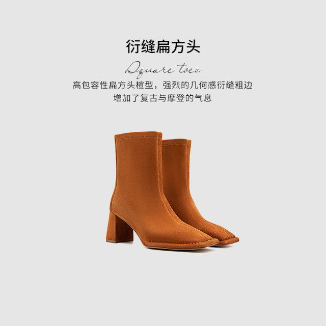 Pierre Cardin women's shoes, silky suede square toe thick heel women's boots, genuine leather shoes, back zipper Pierre Cardin women's shoes, silky suede square toe thick heel women's boots, genuine leather shoes, back zipper