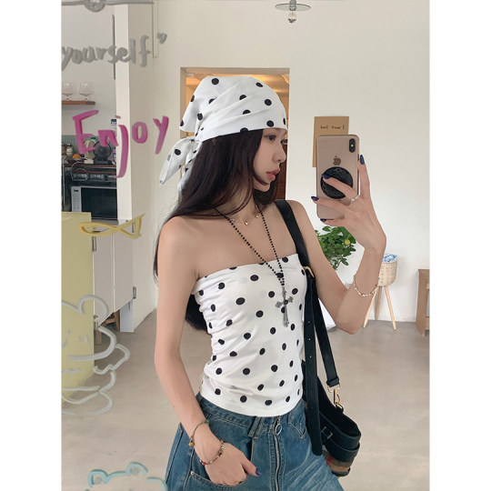 MosesQueen White Polka Dot Two-Piece Set of Hot Girls Slim Strap Vest Summer New Headscarf MosesQueen White Polka Dot Two-Piece Set of Hot Girls Slim Strap Vest Summer New Headscarf