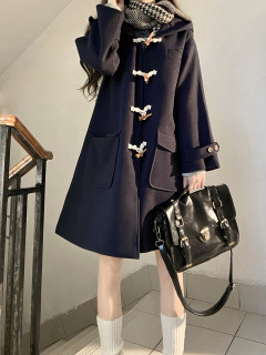 College style school cow horn button coat for women navy blue autumn and winter Japanese woolen jacket College style school cow horn button coat for women navy blue autumn and winter Japanese woolen jacket