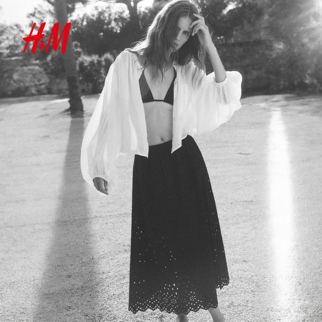 HM women's skirt 2025 summer new high-waist loose hollow embroidered trumpet midi skirt 1285842 HM women's skirt 2025 summer new high-waist loose hollow embroidered trumpet midi skirt 1285842