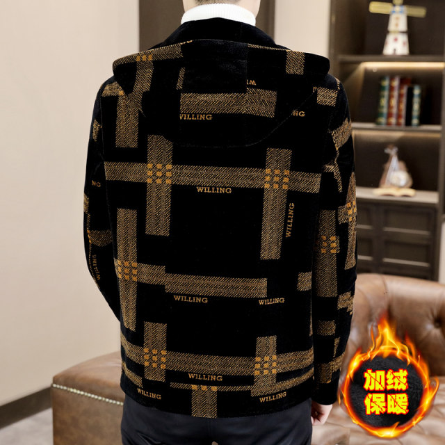 New style of men's jacket with plush velvet thickened hooded jacket for autumn and winter Korean style trendy handsome tweed jacket for men's short hooded trench coat
 New style of men's jacket with plush velvet thickened hooded jacket for autumn and winter Korean style trendy handsome tweed jacket for men's short hooded trench coat