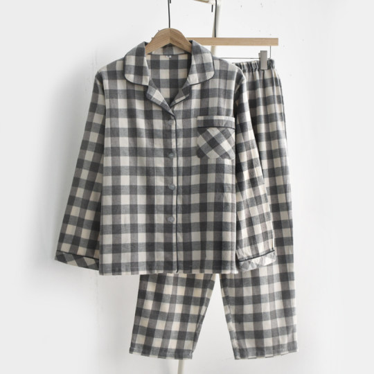 Japanese unprinted style pajamas for men and women in spring, autumn and winter pure cotton brushed velvet long-sleeved couple home wear set Japanese unprinted style pajamas for men and women in spring, autumn and winter pure cotton brushed velvet long-sleeved couple home wear set
