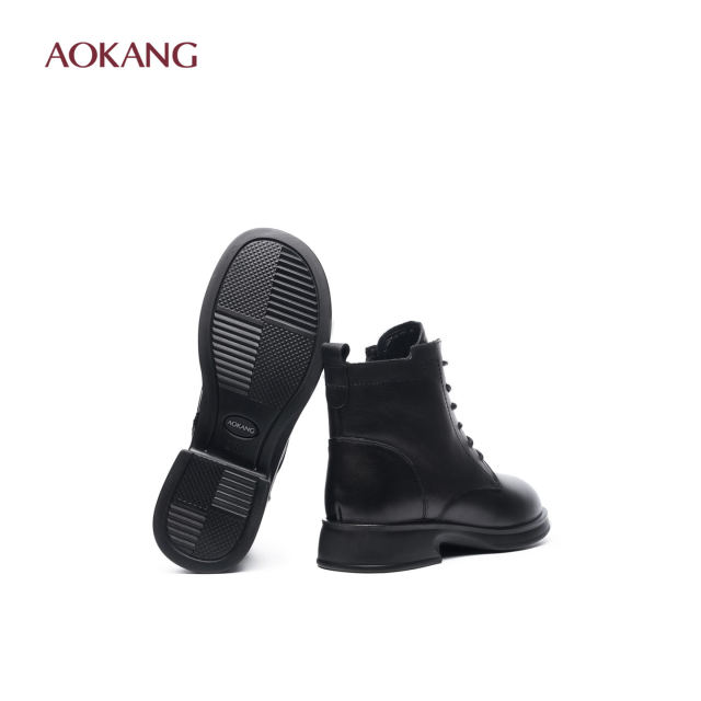 Aokang Women's Shoes Autumn and Winter Warm Women's Boots Thick Soled British Style Martin Boots Genuine Leather and Velvet Thickened Short Boots L Aokang Women's Shoes Autumn and Winter Warm Women's Boots Thick Soled British Style Martin Boots Genuine Leather and Velvet Thickened Short Boots L