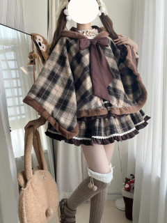 Plaid fur edge versatile cloak hooded wool cloak jacket full price direct photo Plaid fur edge versatile cloak hooded wool cloak jacket full price direct photo