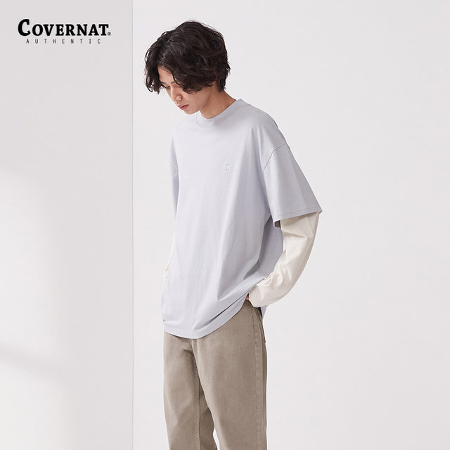 covernat Korean trendy brand men's and women's T-shirt double layer color matching pure cotton comfortable long-sleeved top round neck loose covernat Korean trendy brand men's and women's T-shirt double layer color matching pure cotton comfortable long-sleeved top round neck loose
