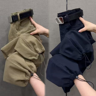 Washed cotton work pants for women in autumn new high waist 
Washed cotton work pants for women in autumn new high waist