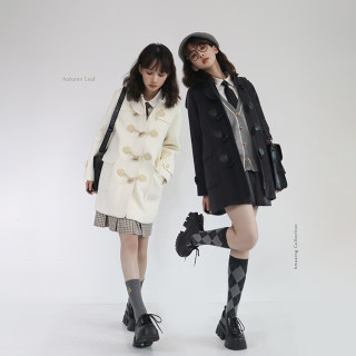 Cow horn buckle medium length woolen coat for women in autumn and winter college style 
Cow horn buckle medium length woolen coat for women in autumn and winter college style