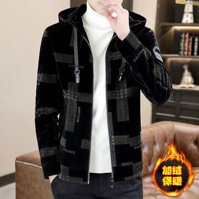 New style of men's jacket with plush velvet thickened hooded jacket for autumn and winter Korean style trendy handsome tweed jacket for men's short hooded trench coat
 New style of men's jacket with plush velvet thickened hooded jacket for autumn and winter Korean style trendy handsome tweed jacket for men's short hooded trench coat