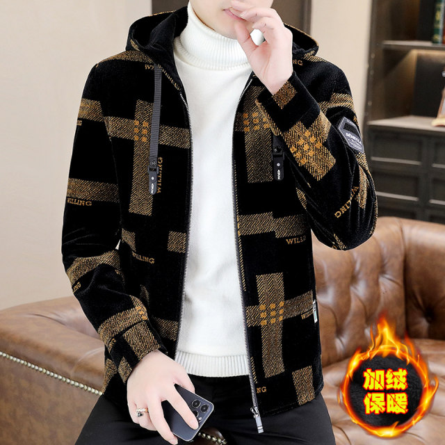 New style of men's jacket with plush velvet thickened hooded jacket for autumn and winter Korean style trendy handsome tweed jacket for men's short hooded trench coat
 New style of men's jacket with plush velvet thickened hooded jacket for autumn and winter Korean style trendy handsome tweed jacket for men's short hooded trench coat