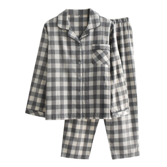 Japanese unprinted style pajamas for men and women in spring, autumn and winter pure cotton brushed velvet long-sleeved couple home wear set Japanese unprinted style pajamas for men and women in spring, autumn and winter pure cotton brushed velvet long-sleeved couple home wear set
