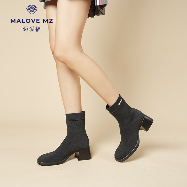 MALOVE MZ autumn and winter new thick heel elastic slim boots feminine simple commuter boots black fashion boots MALOVE MZ autumn and winter new thick heel elastic slim boots feminine simple commuter boots black fashion boots