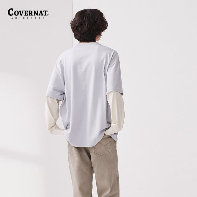 covernat Korean trendy brand men's and women's T-shirt double layer color matching pure cotton comfortable long-sleeved top round neck loose covernat Korean trendy brand men's and women's T-shirt double layer color matching pure cotton comfortable long-sleeved top round neck loose
