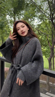 2025 autumn and winter cloak new stand collar double-sided wool coat lace up fake two-piece knitted sleeve woolen coat for women 2025 autumn and winter cloak new stand collar double-sided wool coat lace up fake two-piece knitted sleeve woolen coat for women
