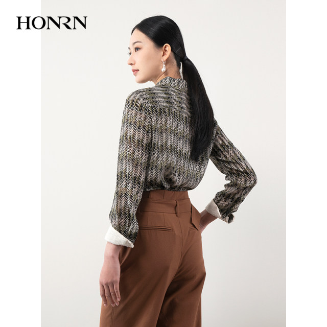 HONRN/Red Man Green Casual Striped Printed Long-Sleeved Shirt Top Women's Design Niche HH11OC294 HONRN/Red Man Green Casual Striped Printed Long-Sleeved Shirt Top Women's Design Niche HH11OC294
