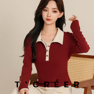 TCREER autumn and winter polo shirt contrasting color slim fit inner layering shirt for women 
TCREER autumn and winter polo shirt contrasting color slim fit inner layering shirt for women