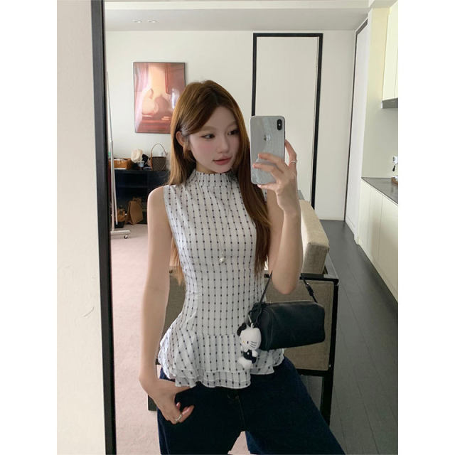 2025 New French Style Polka Dot Cake Skirt Spliced Vest Shirt Women's Summer Waist Slimming Sleeveless Temperament 2025 New French Style Polka Dot Cake Skirt Spliced Vest Shirt Women's Summer Waist Slimming Sleeveless Temperament