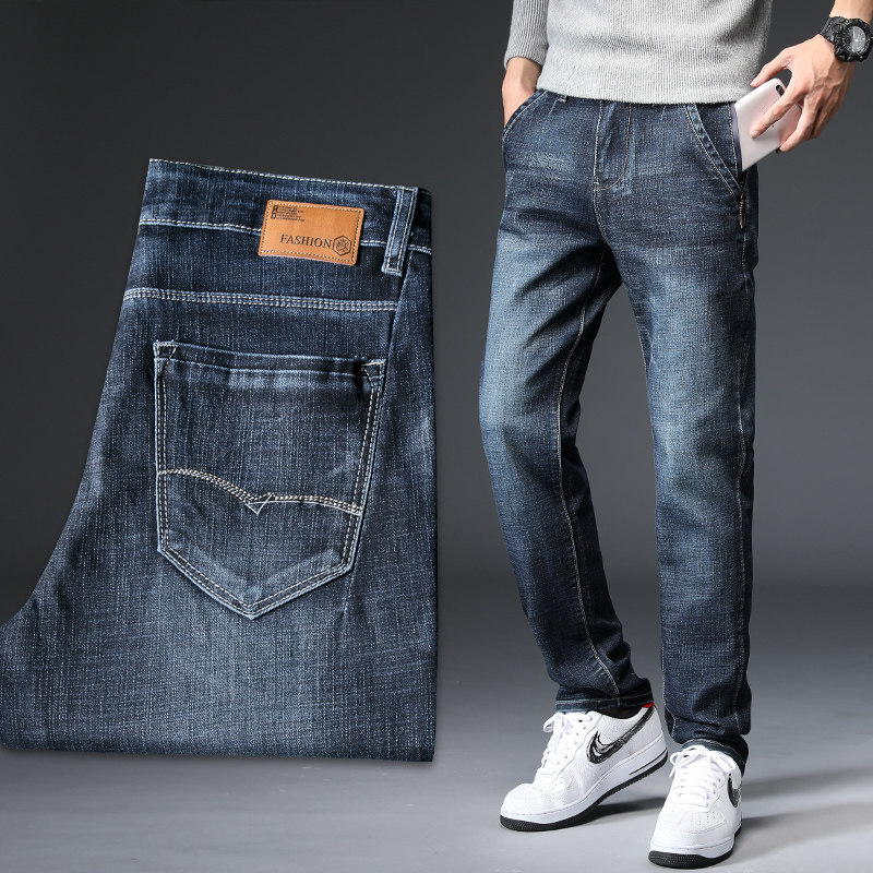 Spring dark blue high-end jeans mens straight-up loose Modale high-elastic stiletto pocket spring and autumn trouser tide