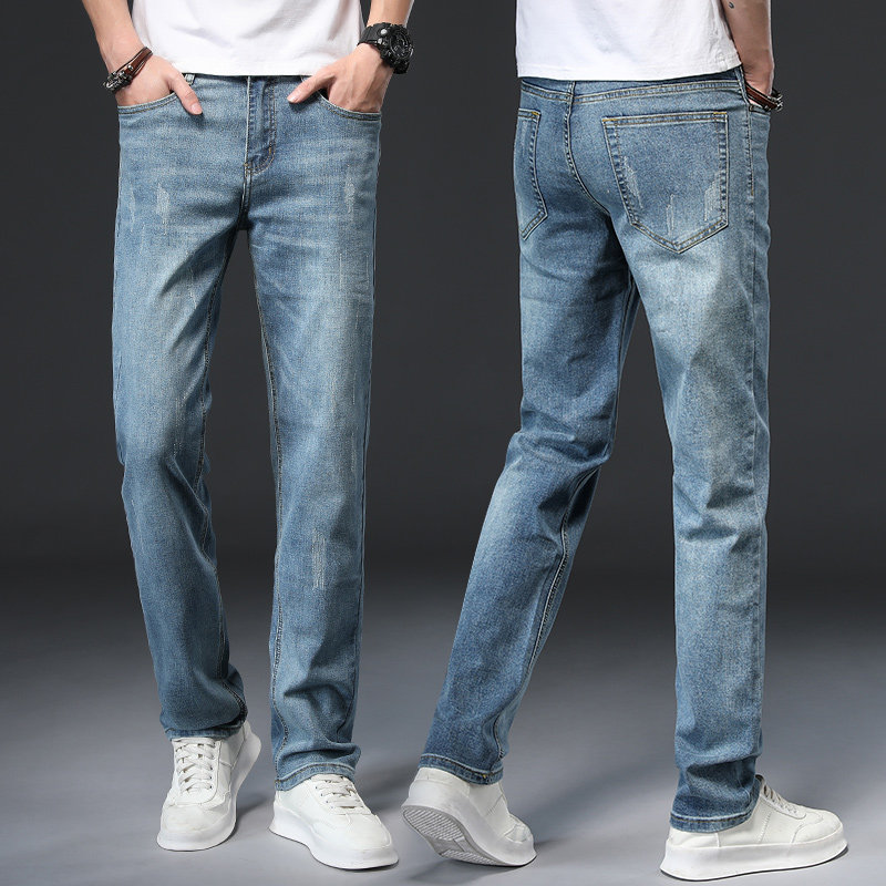 Spring blue-grey jeans mens straight tidal brand casual retro hundred large-sized high-end stretch trousers