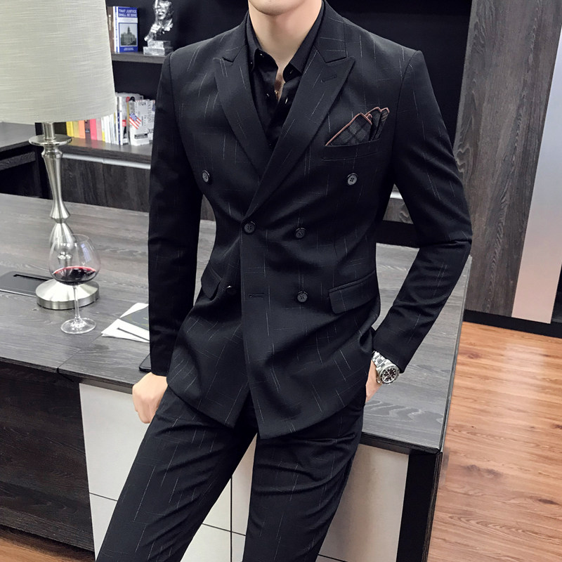 Spring Korean version of the suit mens style fashion striped casual business suit double-breasted two-piece set
