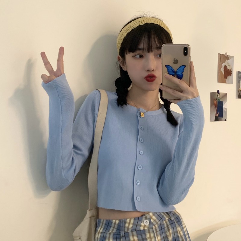 Soft milk blue ice wire outside knitted small cardigan jacket women early spring long-sleeved high-waisted open umbilical short bm wind top