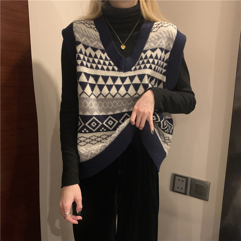 Can shoulder knitted vest womens fashion spring 2021 retro loose v collar hit-and-run diamond sweater vest
